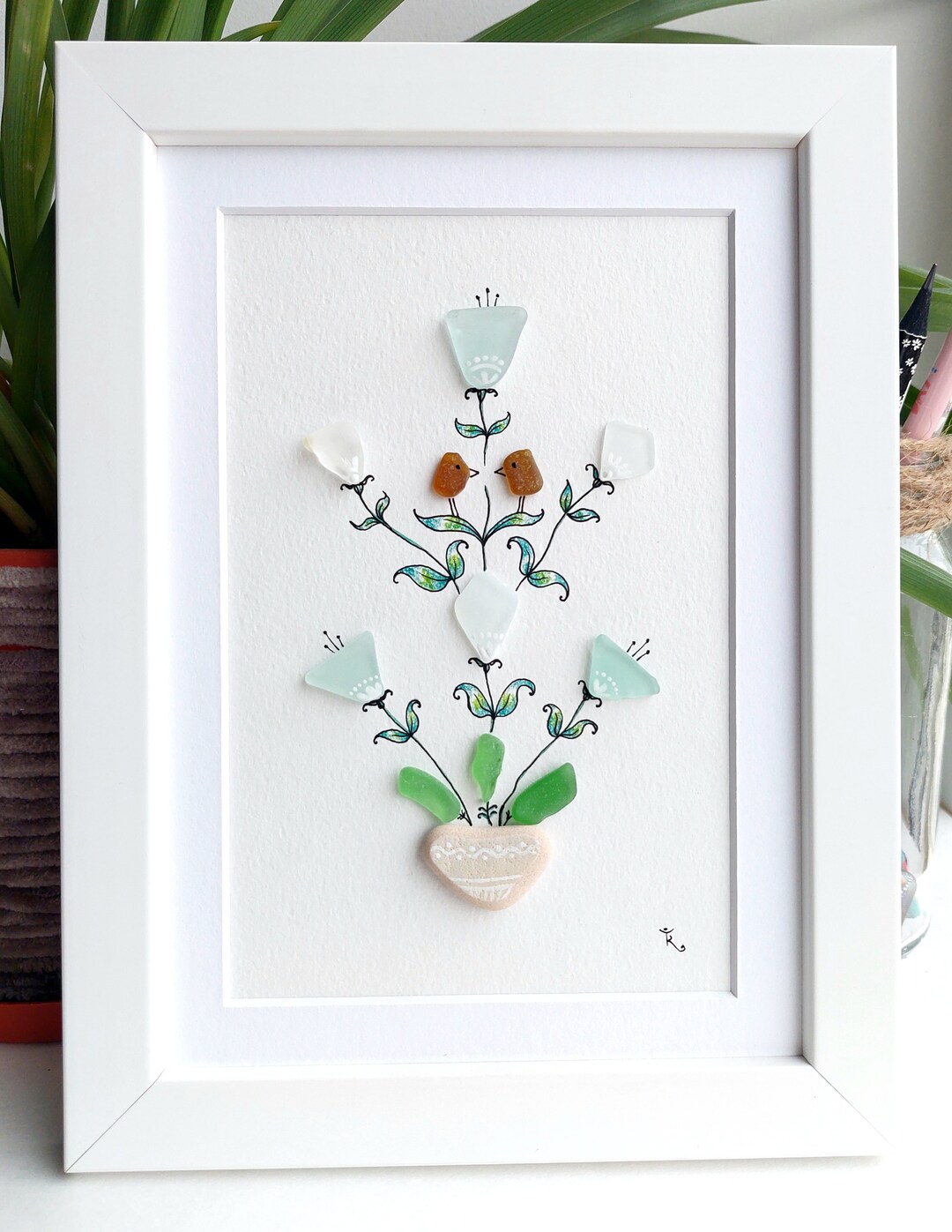 Sea Glass Art Flower, Sea Glass Picture Birds, Wedding Gifts, Pebble