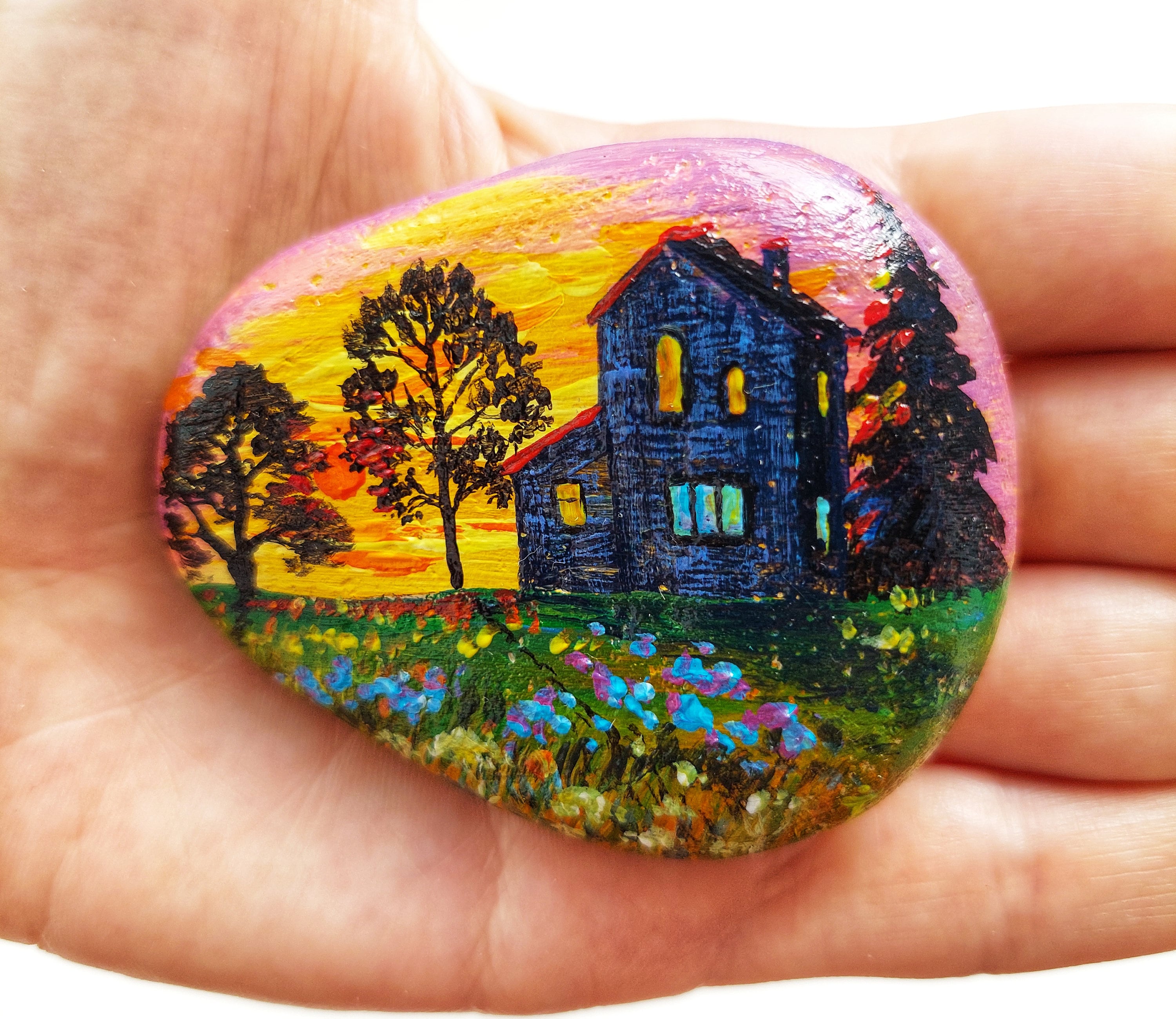 Sunset Stone Painting Home and Trees Painted with Acrylic paints and finished with varnish