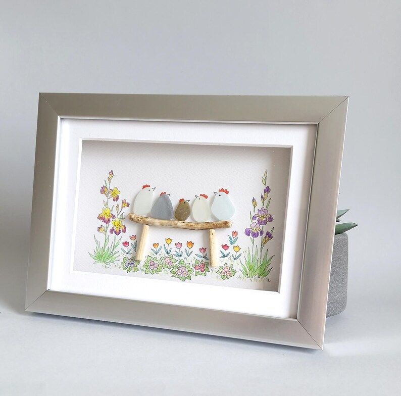 Sea Glass Chicken Family, Chicken Art, Chicken Decor, Chicken Easter Ornament, Colourful Birds, Sea Glass Picture, Framed Art image 11