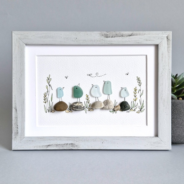 Sea Glass Pebble Art: Handmade Bird Family Picture