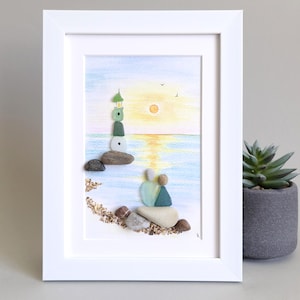 Sea Glass Lighthouse, Pebble Art & Sea Glass Picture, Blue Lighthouse, Couple sea glass art, Seaglass Couple, Sunset and Lighthouse