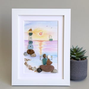 Sea Glass Lighthouse, Pebble Art & Sea Glass Picture, Blue Lighthouse, Couple, Celebrating Friendship, Friend Sea glass Art, Lighthouse