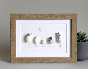 Pebble Art Picture - Framed Unique Handmade - Birds - Stones