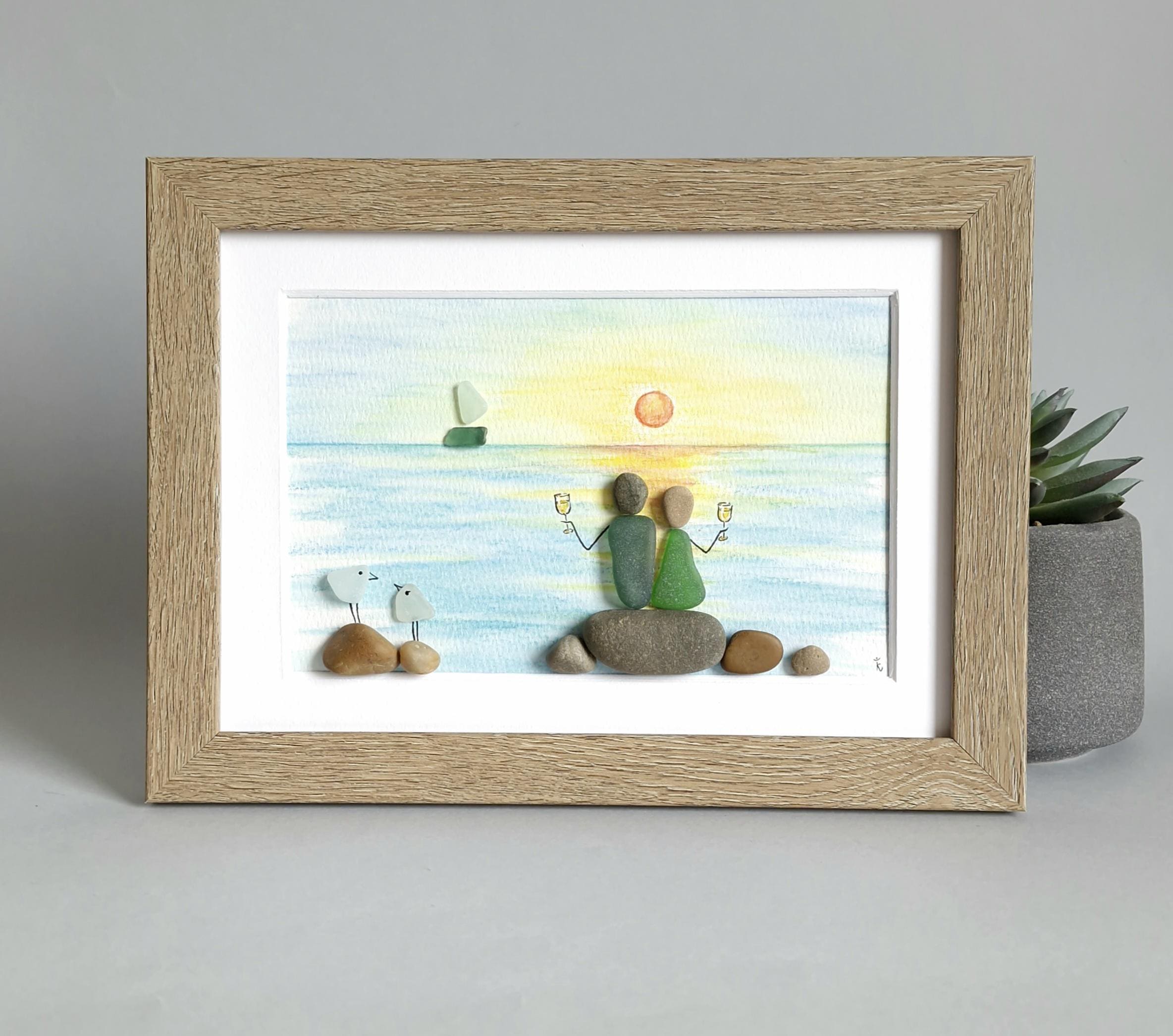 Couple Sea Glass Art, Lighthouse Beach Scene, Sunset Coastal