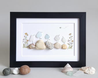 希少　ウノアエレ　純銀　ミニ絵画　銀細工　額　シルバー　イタリア　風景画　壁掛け 岩の上の鳥 - ユニークな小石アートとシーグラスの絵 - 額入り