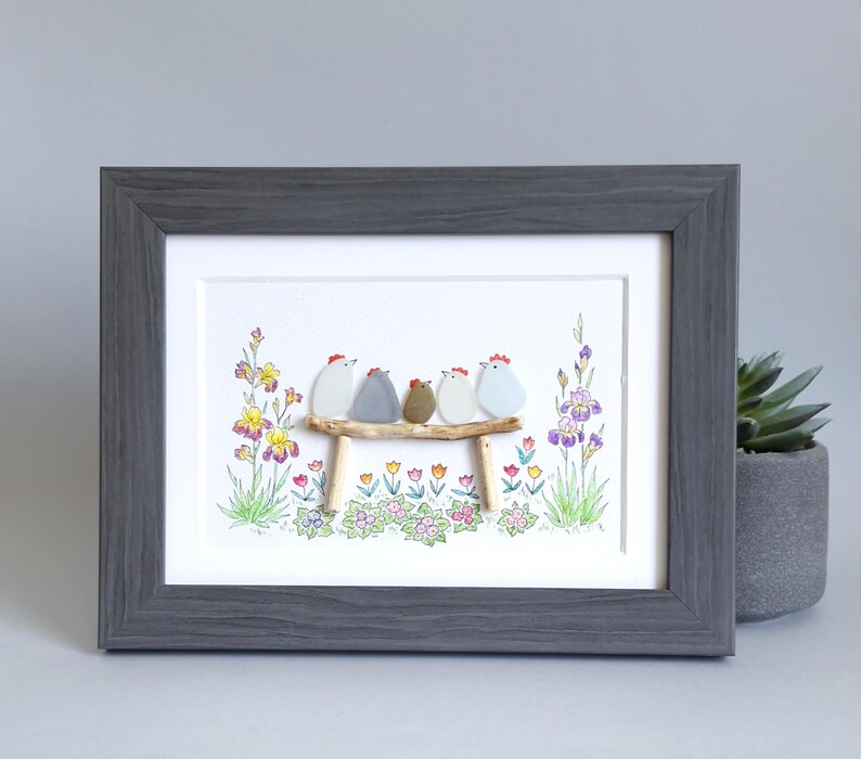 Sea Glass Chicken Family, Chicken Art, Chicken Decor, Chicken Easter Ornament, Colourful Birds, Sea Glass Picture, Framed Art image 3