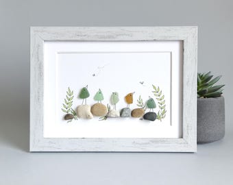 Sea Glass Birds on Rocks Art, Pebble Bird Picture, Coastal Wall Decor, Beach House Gift, Handmade Nature Artwork