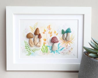 Sea Glass Mushrooms, Art Mushrooms, Botanical Decor, Botanical Art, Mushroom Art, Stone Art, Original