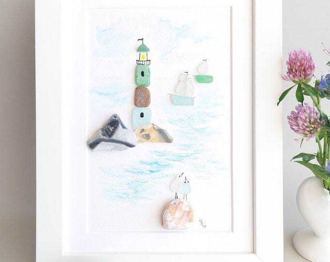 Sea Glass Lighthouse, Pebble Art & Sea Glass Picture, Blue Lighthouse