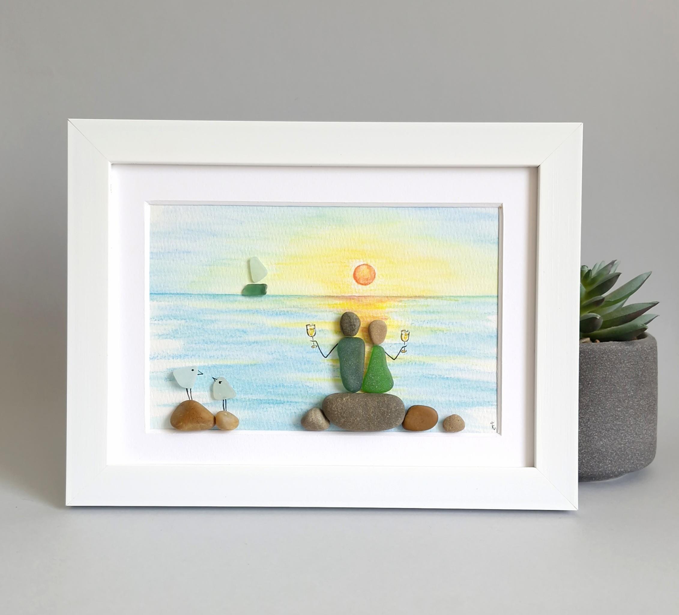 Couple Sea Glass Art, Lighthouse Beach Scene, Sunset Coastal