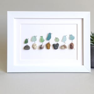 Sea Glass Birds on Stones, Family Pebble Art, Sea Glass Birds Family Picture, Birds sitting on some rocks, Personalised present