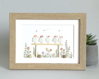 Sea Glass Chicken Family Art, Framed Coastal Bird Wall Decor, Farmhouse Beach House Accent