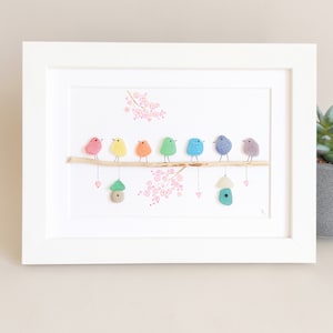 Rainbow SeaGlass Birds on Branch, Sea Glass Colorful Birds, Rainbow Bird Family, Sea Glass Art for Living Room, Side Table, Fireplace