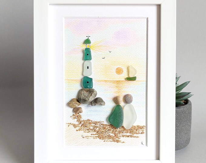 Sea Glass Lighthouse, Pebble Art and Sea Glass Picture, Friendship Sea
