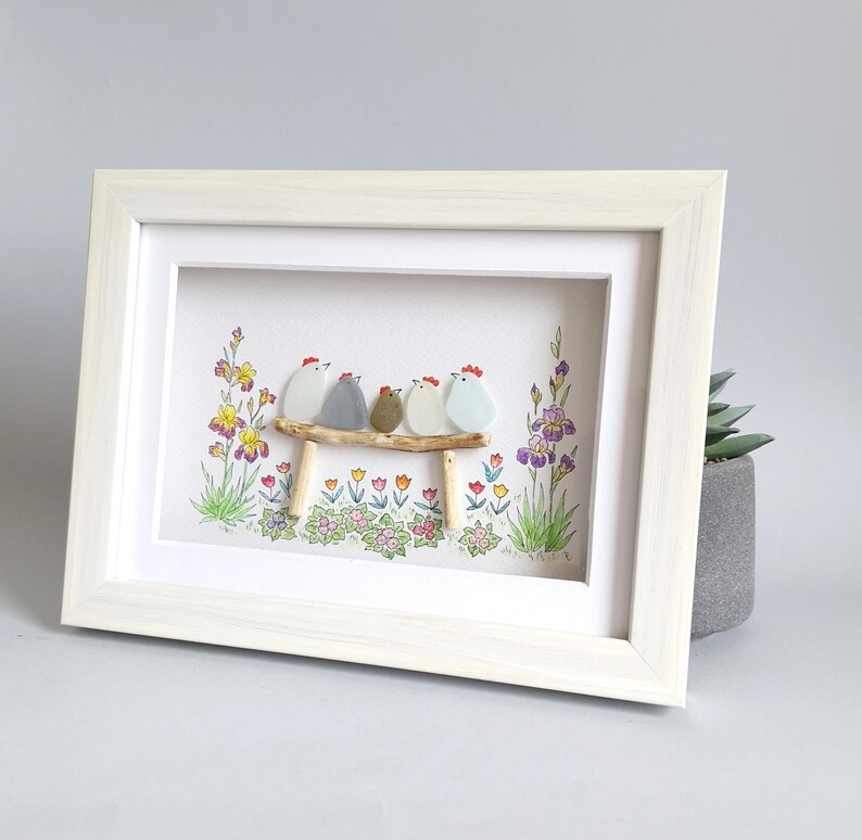 Sea Glass Chicken Family, Chicken Art, Chicken Decor, Chicken Easter Ornament, Colourful Birds, Sea Glass Picture, Framed Art image 13