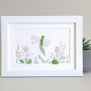 Sea Glass Dragonfly, Art Wildflowers, Botanical Decor, Botanical Art, Nautical Decor, Nature Art, Sea Beach Glass Framed Art Picture