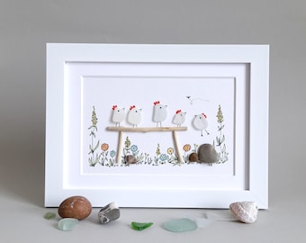 Sea Glass Chicken Family, Colourful Birds, Sea Glass Picture, Family Picture, Framed