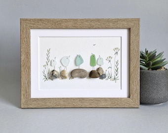 Sea Glass Birds on Stones, Pebble Art, Frame Art