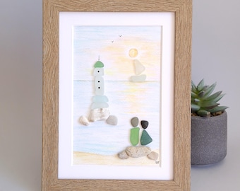 Sea Glass Lighthouse, Pebble Art & Sea Glass Picture, Blue Lighthouse, Couple, Celebrating Friendship, Friend Sea glass Art, Lighthouse