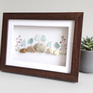 Birds on Rocks, Seaglass Birds, Unique Pebble Art & Sea Glass Picture, Coastal Decor, Beach Home Decor, Beach House