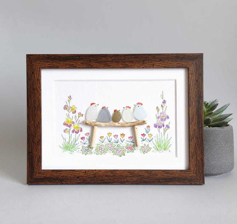 Sea Glass Chicken Family, Chicken Art, Chicken Decor, Chicken Easter Ornament, Colourful Birds, Sea Glass Picture, Framed Art image 6
