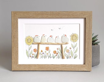 Sea Glass Bird Family Art, Chicken Wall Decor, Handmade Coastal Artwork, Unique Family Gift, Beach House Decor
