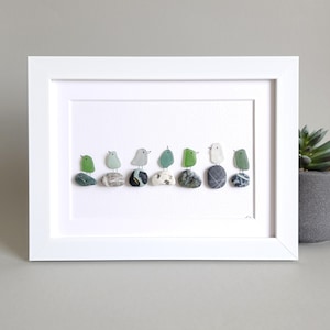 Sea Glass Birds on Rocks, Sea Glass Picture, Unique Pebbles Art, Coastal Decor, Beach Home Decor, Beach House