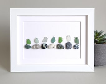 Sea Glass Birds on Rocks, Sea Glass Picture, Unique Pebbles Art, Coastal Decor, Beach Home Decor, Beach House