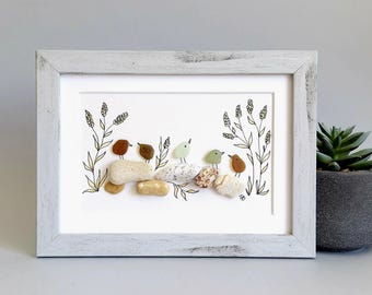 Sea Glass Birds on Rocks, Sea Glass Picture, Unique Pebbles Art, Coastal Decor, Beach Home Decor, Beach House