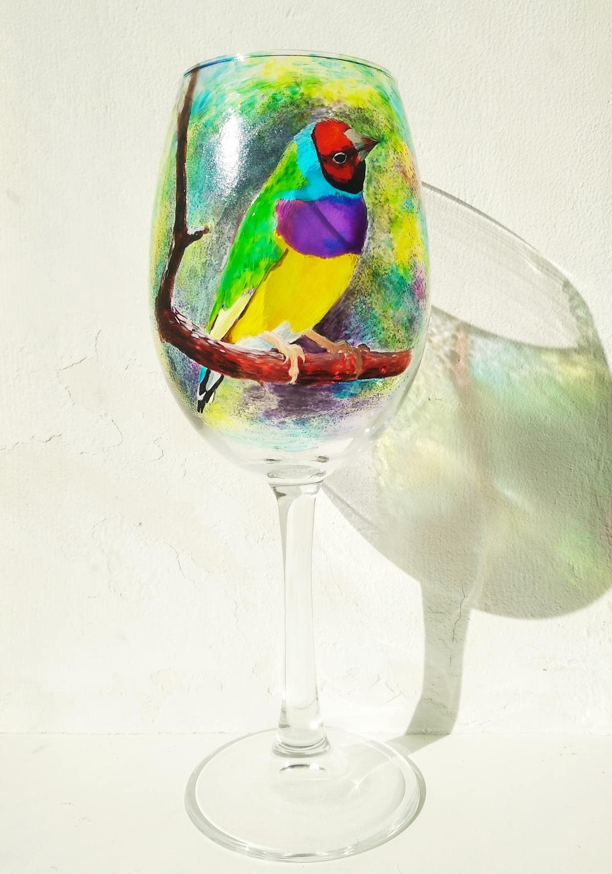 Hand Painted Wine Glass Yellow Finch Wine Glass Bird Wine -    Geschilderde wijnglazen, Flessenwerkjes, Beschilderde wijnflessen