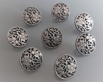 8 boutons ronds 12 mm métal gravé et ajouré coloris gris acier