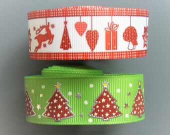Ruban gros grain vert liseré blanc Sapin de noel de 22 mm au mètre