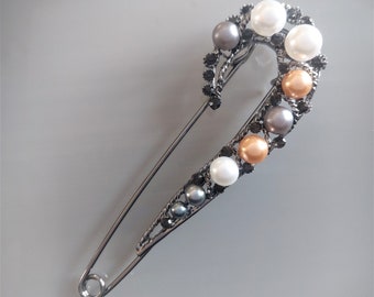 Large metal brooch 11 cm steel color with pearls and rhinestones