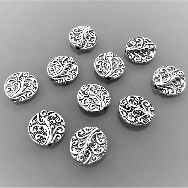 10 perles 13 mm rondes et plates en métal de coloris argent