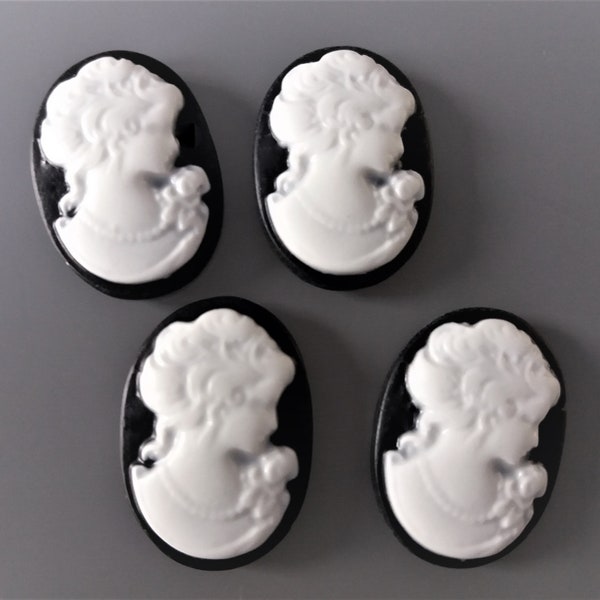 4 cabochons camées ovales 25x18 mm noires motif femme