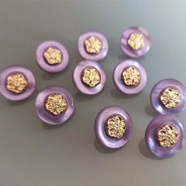 10 fancy round buttons 18 mm purple and gold plastic