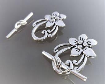 Set of 2 clasp 3 cm flower metal color silver