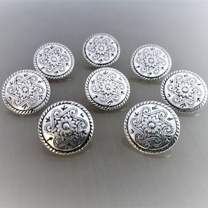 8 round buttons 15 mm engraved metal silver color