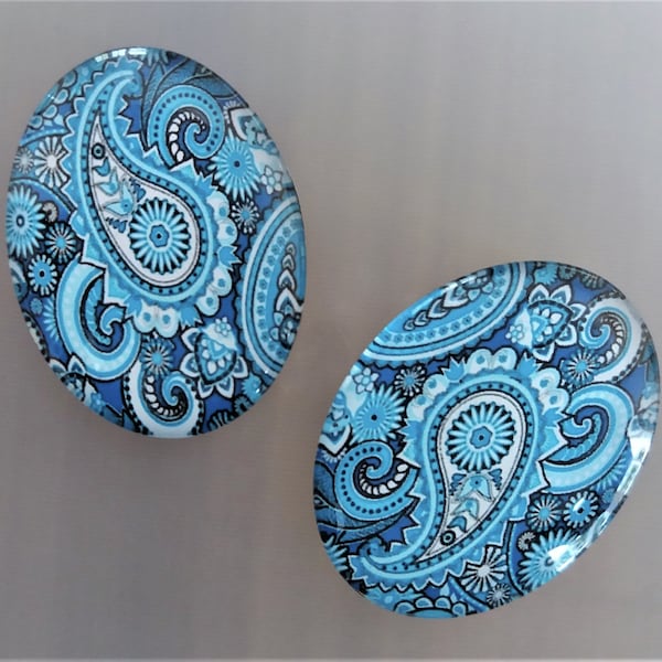 2 cabochons ovales en verre 40 mm X 30 mm motif fleurs bleues