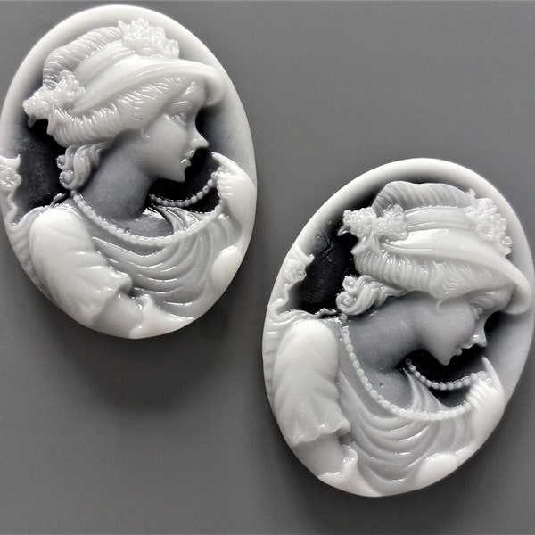 2 cabochons camées ovales 40x30mm noires motif femme