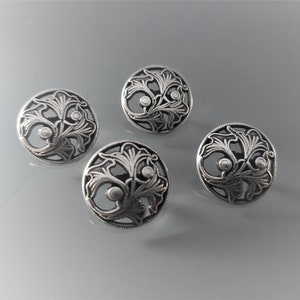 4 round buttons 18 mm engraved and openwork metal, blackened silver color