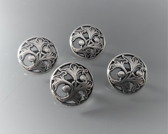 4 round buttons 18 mm engraved and openwork metal color blackened silver