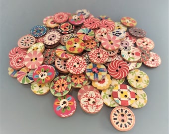 Lot de 100 boutons décoratifs 20 mm bois imprimés