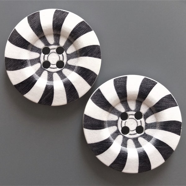 2 large white wood buttons 5 cm printed black