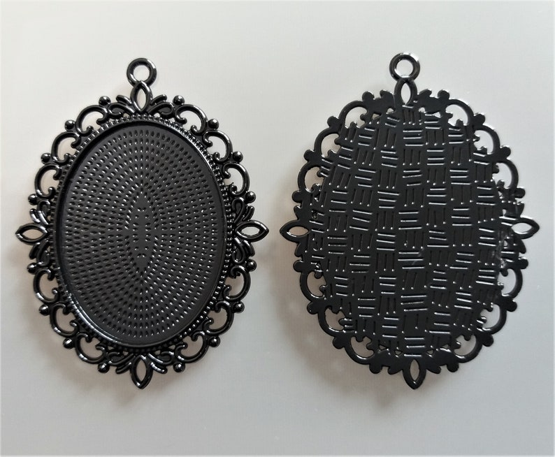 2 pendants for oval cabochons 40 mm X 30 mm black color metal image 3