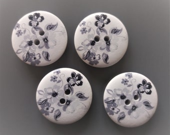 4 large wooden buttons 3 cm white printed with gray flowers