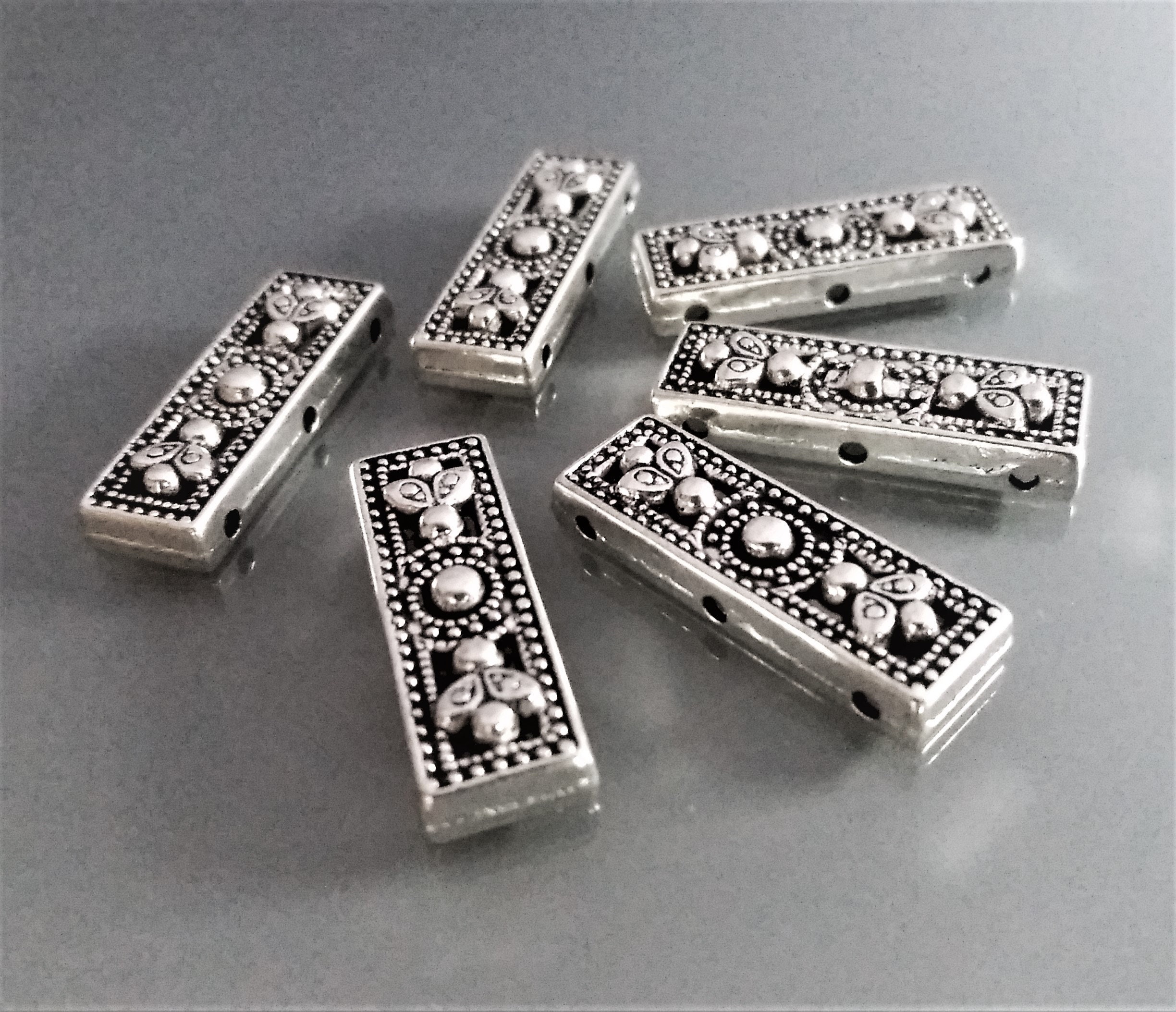 Rectangle Silver Bead Spacers, Large Bracelet Focal Beads, Silver