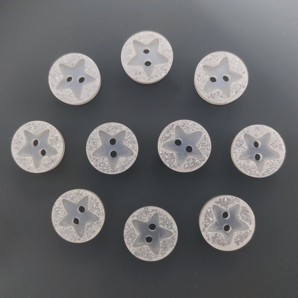 10 Boutons ronds blancs à paillettes argentées avec étoile