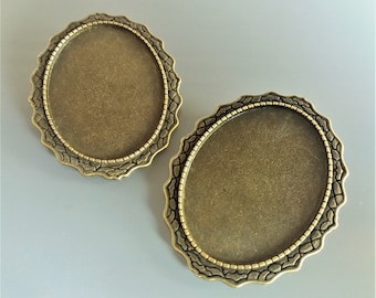 2 Brooch holders oval cabochon 40 mm X 30 mm bronze color