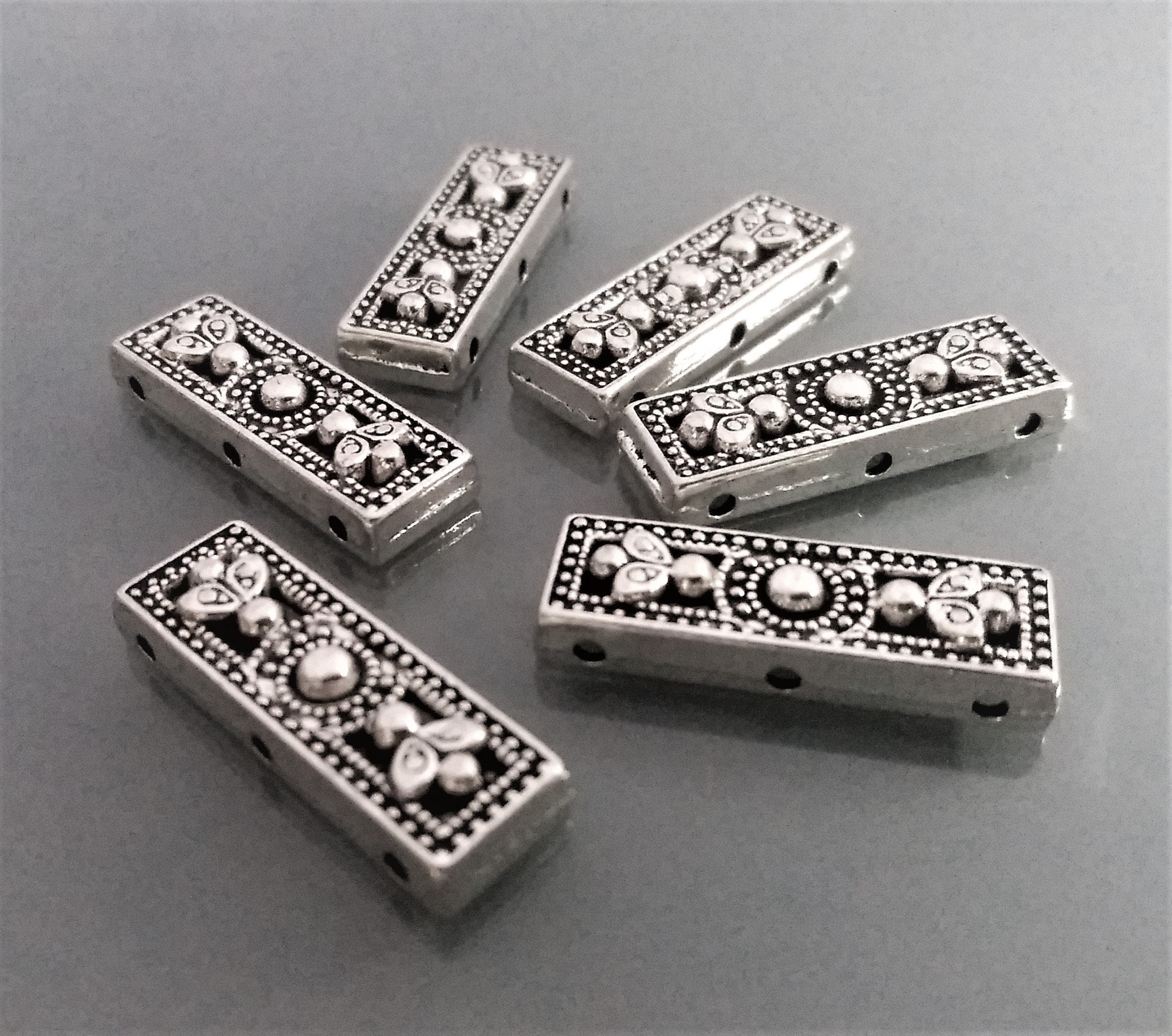 Rectangle Silver Bead Spacers, Large Bracelet Focal Beads, Silver